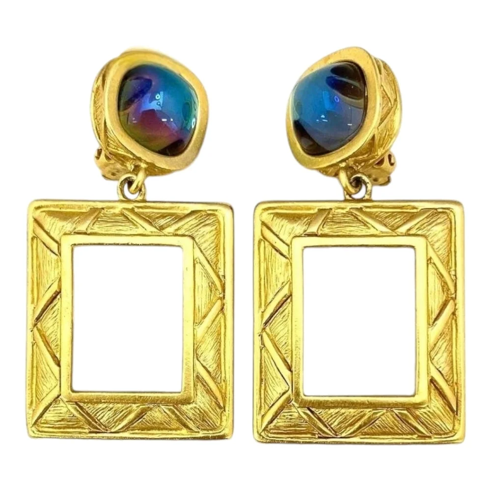 GIVENCHY Modernist Square Open Gold Frame Earrings & Blue Cabochon Stones